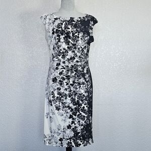 LONDON TIMES FLORAL PRINT SLEEVELESS CAP SHEATH DRESS BLACK WHITE M